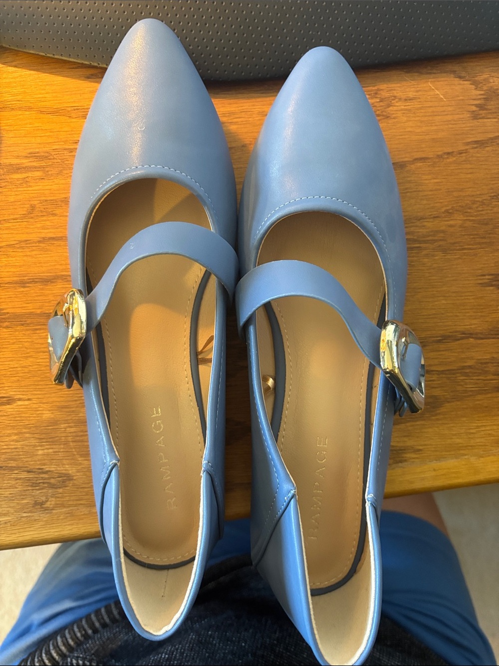 Rampage Light Blue Pointed Mary Jane Flats with Gold Buckle